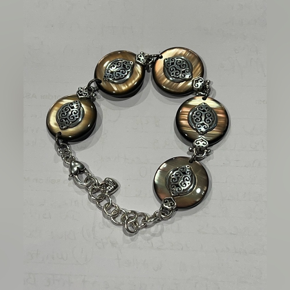 Brighton Romano Scroll Silver Brown Opalescent Iridescent Vintage Bracelet